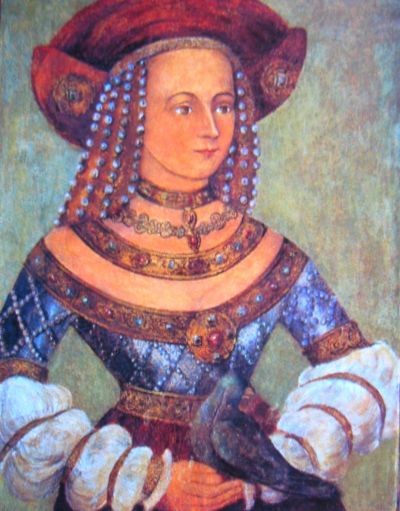 Księżna Jadwiga ok, 1530 roku. nieznany artysta / Landshut, Zamek Trausitz, Bawarski Zarząd Państwowymi Zamkami, Ogrodami i Jeziorami, Monachium - obraz pokazuje księżną Jadwige przed ślubem, wskazują na to jej rozpuszczone włosy.