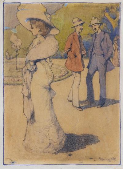 Im Park/W parku, München oder Lemberg 1910. Aquarell über Bleistift auf Karton, 46 x 33 cm, signiert unten rechts: Stefanowicz [1]910, im Auktionshandel (Agra Art, Warschau 2019)