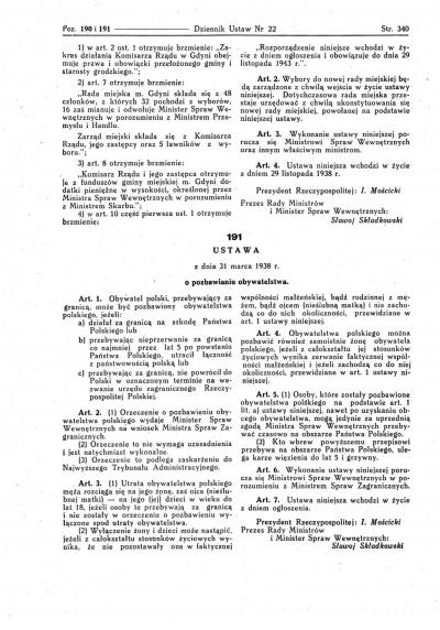 Ustawa Sejmu o pozbawieniu obywatelstwa z 31.03.1938 r  - Ustawa Sejmu o pozbawieniu obywatelstwa z 31.03.1938 r  