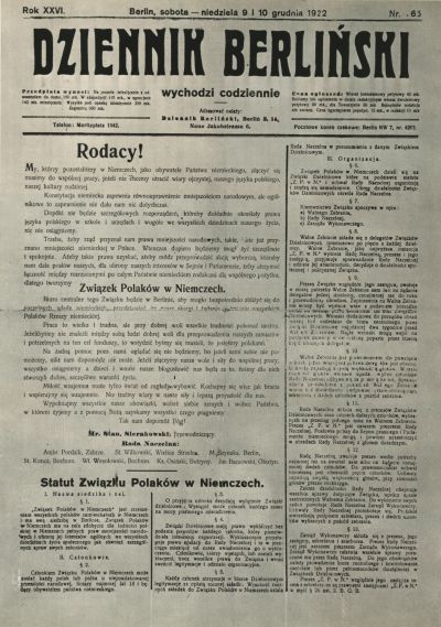 Front page of the "Dziennik Berliński" of 9/10 December 1922 - With the news about the foundation of the Bund Polen in Germany and with the statute of the organisation.