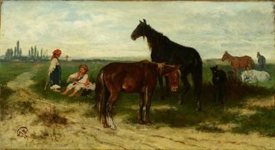 Zdj. nr 10: Na pastwisku, 1869 - Weidende Pferde (Na pastwisku), 1869, olej na płótnie, 23,2 x 42,6 cm, Muzeum Braith-Mali w Biberachu (Museum Biberach, Braith-Mali-Museum, Biberach an der Riß), nr inw.: 11265