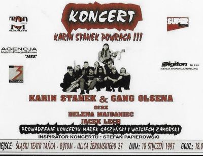 Concert poster, Karin Stanek with the band Gang Olsena - Concert poster, Karin Stanek with the band Gang Olsena, 1997