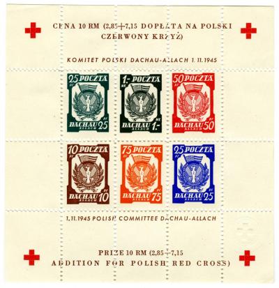 Komitet Polski Dachau-Allach, 1.11.1945 - Ein Briefmarkenblock „Polnisches Komitees in Dachau-Allach„(Polski Komitet) der Polnischen Post in Dachau vom 1. November 1945. 