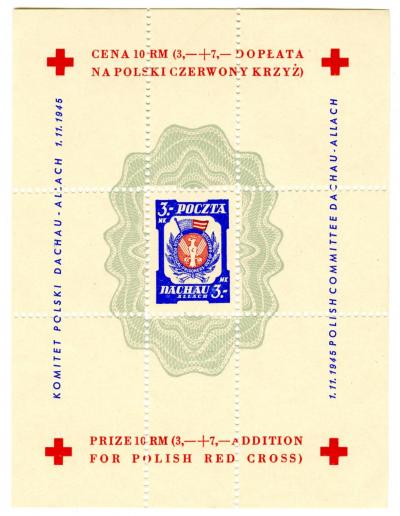 Komitet Polski Dachau Allach, 1.11.1945 - Ein Briefmarkenblock „Polnisches Komitees in Dachau Allach„(Polski Komitet) der Polnischen Post in Dachau vom 1. November 1945. 