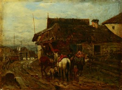 Fig. 13: At the Tavern, undated - At the Tavern. A Polish Village with Ulans, undated. Oil on wood, 13.5 x 18.4 cm, Museum Biberach, Braith-Mali-Museum, Biberach an der Riß,  Inv. No. 1989/11264