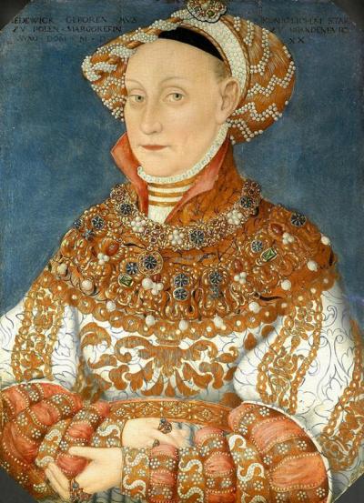Portret Jadwigi Jagiellonki  (1513-1573) - Hans Krell (ur. 1490, zm. 1565), portret Jadwigi Jagiellonki (ur. 1513, zm. 1573; od 1535 roku żona margrabiego brandenburskiego Joachima II), ok. 1537, olej na desce, 49,1 x 35,8 cm, pałacyk myśliwski (Jagdschloss) Grunewald, Berlin. 