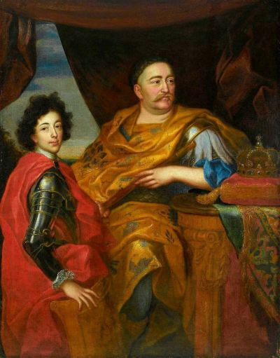 Jan III Sobieski mit seinem Sohn, 1680er-Jahre - Jerzy Siemiginowski-Eleuter  (1660–1711): Bildnis Jan III Sobieski mit seinem Sohn Jakub Ludwik, 1680er-Jahre. Öl auf Leinwand, 160,5 x 123,5 cm 
