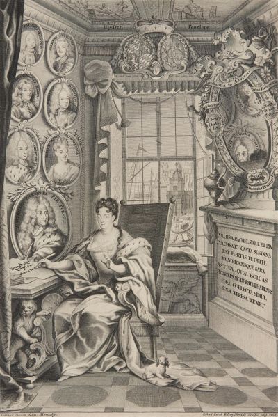 Therese Kunigunde als Penelope, 1715 - Johann Jacob Kleinschmidt (1687-1772) nach Cosmas Damian Asam (1686-1739): Therese Kunigunde als Penelope, 1715. Kupferstich, 40,5 x 27 cm 