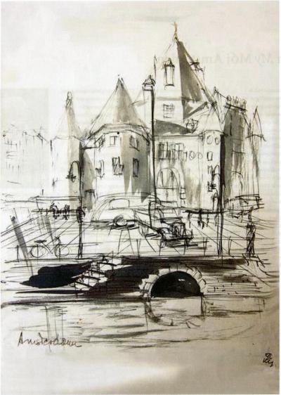 Norbert Gawroński, 1950 - Norbert Gawroński, 1950, „Mein,/mój/my Amsterdam”: „Jeden z moich pierwszych szkiców z Amsterdamu”, „De Waag” (waga), Nieuwmark 