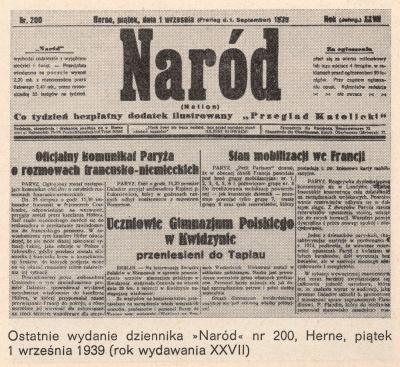 Strona tytułowa ostatniego wydania gazety „Naród“ - Strona tytułowa ostatniego wydania gazety „Naród“, Herne, 1 września 1939, [w:] Polak w Niemczech, Bochum 1972, s. 44. 