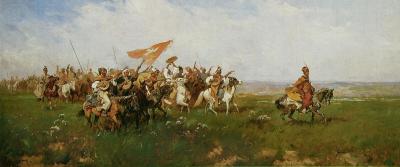 Abb. 19: Auf der Steppe, 1874 - Willkommen auf der Steppe, 1874. Öl auf Leinwand, 87,5 x 170 cm, Privatbesitz