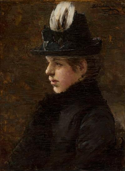 Zdj. nr 1: Dziewczyna w kapeluszu z piórkiem, 1887 - Studium dziewczyny w kapeluszu z piórkiem, Monachium 1887, olej na płótnie, płótno na tekturze, 58 x 44 cm