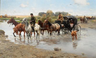 Zdj. nr 20b: Alfred Wierusz-Kowalski - Przeprawa przez rzekę, 1890, olej na płótnie, 72 x 118 cm.