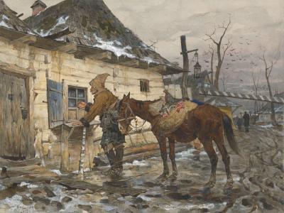 Fig. 23: Polish Horseman, 1877 - Polish Horseman with his Horse in front of the Toll House, 1877. Water colour and opaque colouring on paper, 24.5 x 32.5 cm, Staatliche Museen zu Berlin, Kupferstichkabinett, Inv. No. SZ Jv.Brandt 2