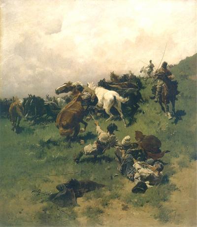 Zdj. nr 28: Chwytanie konia, ok. 1880 - Einfangen eines Pferdes (Chwytanie konia na arkan), ok. 1880, olej na płótnie, 83,5 x 73,5 cm, Narodowa Galeria  Sztuki we Lwowie 