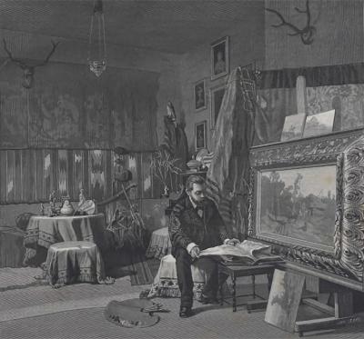 Fig. 2: Józef Brandt in his studio, 1875/76 - Władysław Szerner (1836-1915): Jósef Brandt in his studio, 1875/76. Wood engraving by Jan Styfi (1841-1921), in: Kłosy, 1876, volume XXII, No. 574, page 405