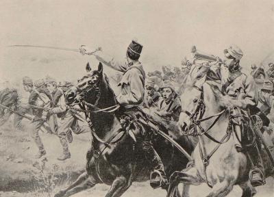 Abb. 3: Bajonettangriff der Kaiserjäger - Der Bajonettangriff der Kaiserjäger, vor 1886. Illustration aus Kossaks „Erinnerungen