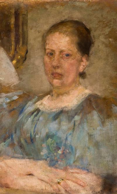 Abb. 30: Porträt mit blauer Bluse, 1899 - Porträt einer Dame mit blauer Bluse, 1899. Öl auf Karton auf Pappe, 69 x 43 cm