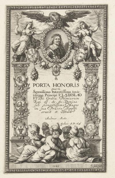 Zdj. nr 32: Rycina tytułowa, 1646 - Rycina tytułowa, 1646, do publikacji Andreasa Scato z opisem bramy triumfalnej, Gdańsk 1646, wg nieznanego oryginału, Rijksmuseum w Amsterdamie.