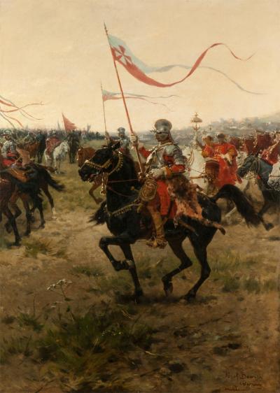 Abb. 32: Parade der Kavallerie, um 1880 - Parade der polnischen schweren Kavallerie (Husaren), um 1880. Öl auf Leinwand, 86,5 x 62,8 cm, Polenmuseum Rapperswil, Inv. Nr. MPR 116