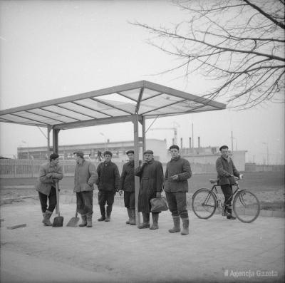 Robotnicy na przystanku przed Hutą Warszawa, 1960 rok - Robotnicy na przystanku przed Hutą Warszawa, 1960 rok. 