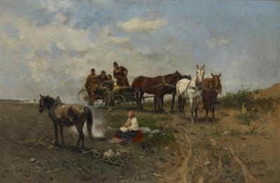Fig. 35: Setting out for the Hunt, 1883 - Setting out for the Hunt, 1883. Oil on canvas, 69 x 194,5 cm, Museum of Fine Arts, Leipzig, Inv. No. G 537