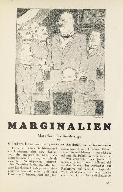 Zdj. nr 36: Matadorzy Reichstagu, 1931 - Matadorzy Reichstagu (Matadore des Reichstags), ilustracja do tekstu: O.B. Server, Matadore des Reichstags VII, [w:] „Der Querschnitt“, tom 11, Berlin 1931, zeszyt 8, s. 555.