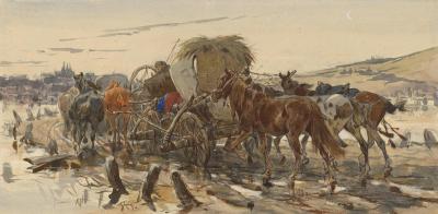 Fig. 38: Polish Farming Cart, undated - Polish Farming Cart on a Country Road, undated. Water colour and opaque colouring on paper, 20.3 x 41.6 cm, Staatliche Museen zu Berlin, Kupferstichkabinett, Inv. No. SZ G. Brandt 3
