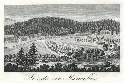 Abb. 4: Marienbad um 1820 - Ansicht von Marienbad, um 1820. Kupferstich, 8 x 13 cm. Titelblatt zu: Liste der angekommenen respectiven Brunnengäste zu Marienbad im Jahre 1823, Eger 1823 