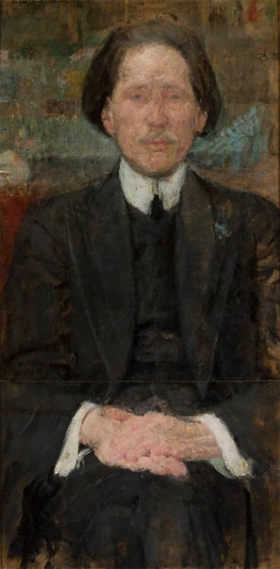 Abb. 40: Junger Mann in Schwarz, um 1900  - Porträt eines jungen Mannes in Schwarz, um 1900. Öl auf Pappe, 92 x 46,5 cm