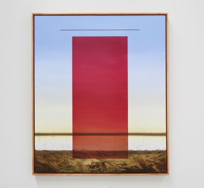 Abb. 43: Łukasz Patelczyk - Red Glass With Silenced Landscape, 2022. Öl auf Leinwand, 120 x 100 cm 