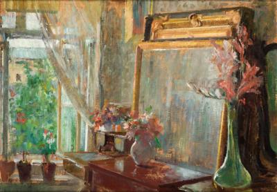 Abb. 43: Im Atelier in Krakau, 1906 - Im Atelier der Künstlerin in Krakau, 1906. Öl auf Pappe, 50,5 x 73 cm