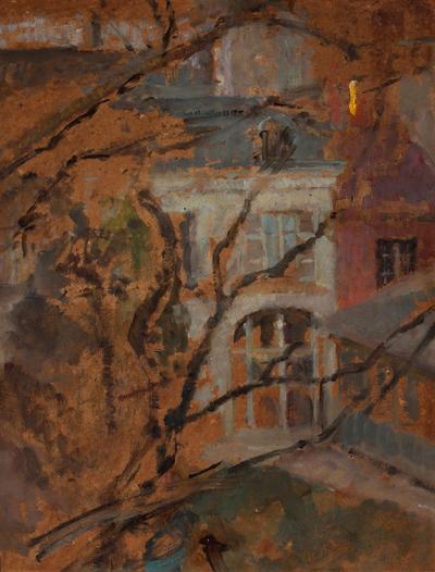 Abb. 47: Blick aus dem Krakauer Atelier, um 1914  - Blick aus dem Krakauer Atelier, um 1914. Öl auf Pappe, 50 x 39 cm