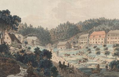 Abb. 5: Marienbad um 1820 - Ludwig Ernst von Buquoy (1783-1834): Ansicht von Marienbad, um 1820. Kupferstich, koloriert, 28,5 x 44 cm, Privatbesitz 