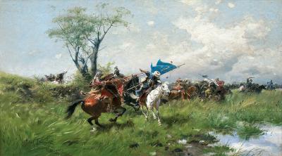 Zdj. nr 53: Atak, ok. 1898 - Atak kawalerii; Atak husarii polskiej, ok. 1898, olej na płótnie, 54,7 x 99,5 cm, wystawiony na aukcji (Agra Art, 2017)