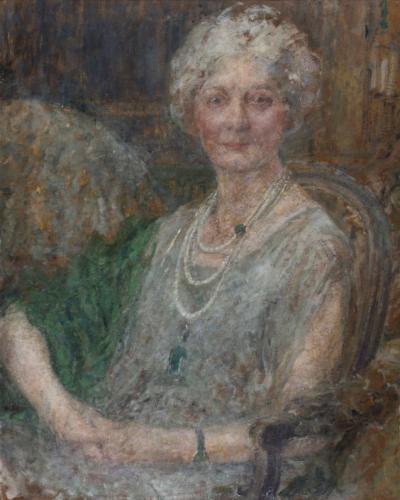 Abb. 54: Bildnis einer Dame, um 1922  - Bildnis einer Dame mit dreifacher Perlenkette, um 1922. Öl auf Pappe, 80 x 65 cm,