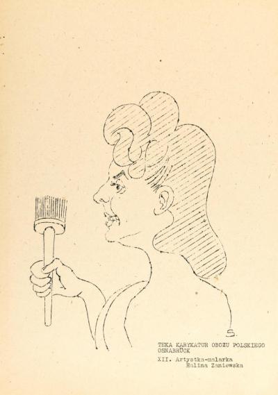 Zdj. nr 6: Karykatura Haliny Zaniewskiej, 1945 - w gazecie obozowej Słowo Polskie, obóz dla dipisów w Osnabrücku.