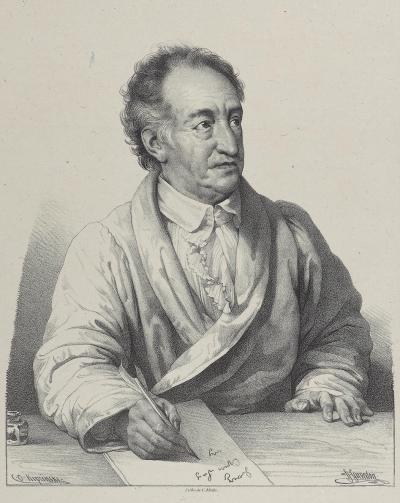 Abb. 7: Goethe, 1823/26 - Henri Grévedon (1776-1860): Porträt Johann Wolfgang von Goethe, Paris 1826. Nach einer Zeichnung von Orest Adamowitsch Kiprensky (1782-1836) von 1823, Lithographie, Inv. Nr. his-Port-G-0077, Universitäts- und Landesbibliothek Darmstadt 