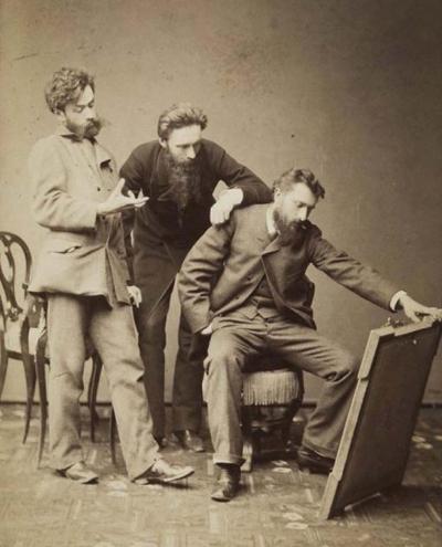 Ill. 7: Group Portrait with Alexander Gierymski, 1884 - Group Portrait with Aleksander Gierymski (right), Stanisław Witkiewicz (left) and Antoni Sygietyński (centre) looking at a painting, 1884.