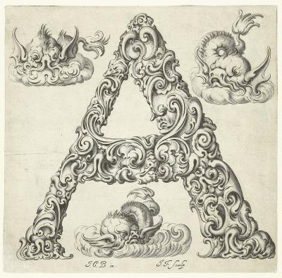 Zdj. nr 87a: Litera A, ok. 1662 - Litera A, ok. 1662. Z cyklu Libellus novus elementorum latinorum, według szkicu Jana Krystiana Bierpfaffa.
