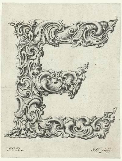 Zdj. nr 87e: Litera E, ok. 1662 - Litera E, ok. 1662. Z cyklu Libellus novus elementorum latinorum, według szkicu Jana Krystiana Bierpfaffa.