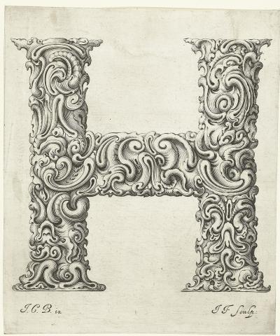 Ill. 87h: The letter H, ca. 1662 - From the series Libellus novus elementorum latinorum, after a template by Johann Christian Bierpfaff.