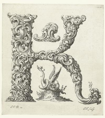 Ill. 87k: The letter K, ca. 1662 - From the series Libellus novus elementorum latinorum, after a template by Johann Christian Bierpfaff.