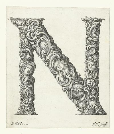 Ill. 87n: The letter N, ca. 1662 - The letter N from the series Libellus novus elementorum latinorum, ca. 1662. Engraving after a template by Johann Christian Bierpfaff (ca. 1600-ca. 1675), 20.8 x 17.7 cm, signed bottom right: J.F. sculp: (Block 63). 