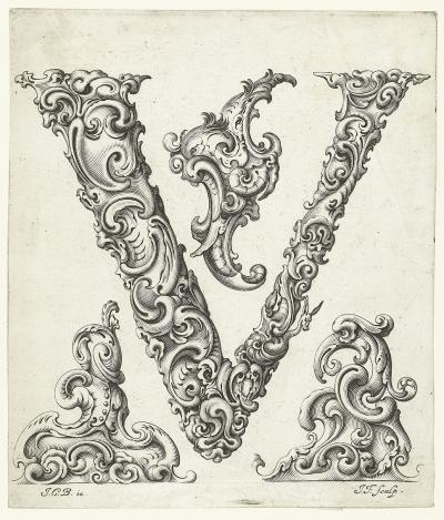 Zdj. nr 87v: Litera V , ok. 1662 - Litera V , ok. 1662. Z cyklu Libellus novus elementorum latinorum, według szkicu Jana Krystiana Bierpfaffa.