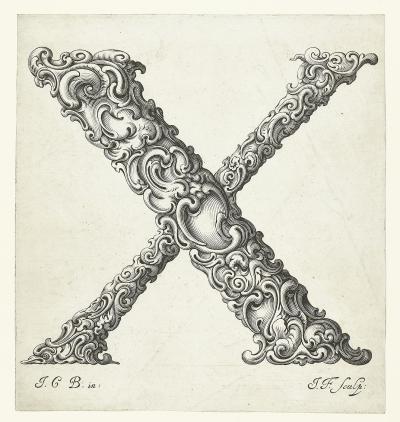 Zdj. nr 87x: Litera X, ok. 1662 - Litera X, ok. 1662. Z cyklu Libellus novus elementorum latinorum, według szkicu Jana Krystiana Bierpfaffa.