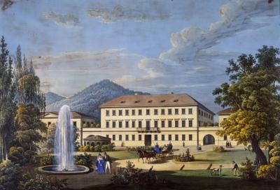 Abb. 9: Brösigke’sches Haus, um 1821 - Unbekannt: Brösigke’sches Haus (Palais Klebelsberg) in Marienbad, um 1821, kolorierte Lithographie, 44,9 x 65,1 cm, Klassik Stiftung Weimar 