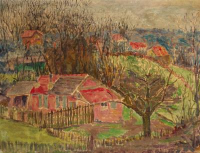 Abb. 48: Pillico, Cottages, 1932 - Lena Pillico (Pilichowska): Cottages in the Country, 1932. Öl auf Leinwand, 50,5 x 65 cm, Ben Uri Collection, London