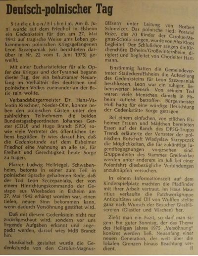 Beitrag in „Glaube und Leben“ (Mainz) zur Einweihung des Gedenksteines am 8. Juli 1975 - Unter der Überschrift „Deutsch-polnischer Tag“ wurde in der katholischen Zeitung „Glaube und Leben“ aus Mainz vom 29.6.1975 über die Gedenksteineinweihung am 8. Juli 1975 berichtet. 