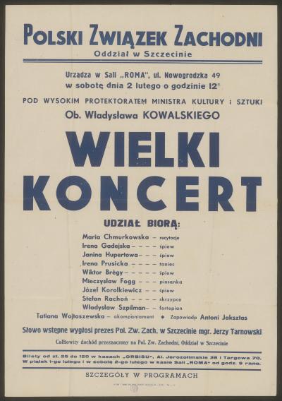 Plakat: Wielki koncert - Plakat: Wielki koncert w Szczecinie 1946 rok